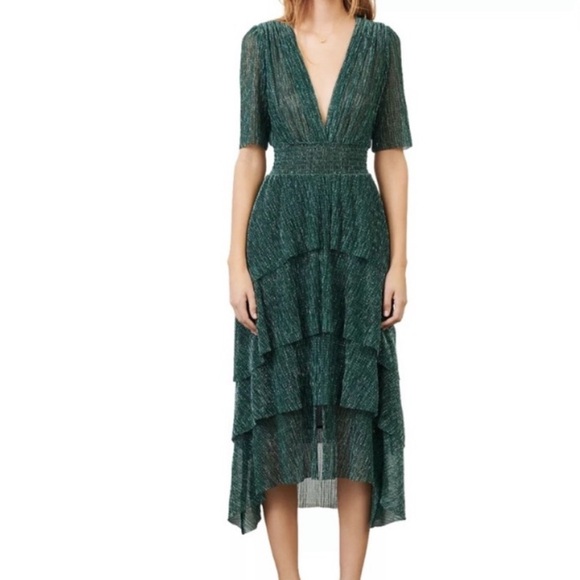 green emerald velvet dress Maje Midi Dress Rayelle Green Floral Print Crepe Size 2  Celebrity Owned
